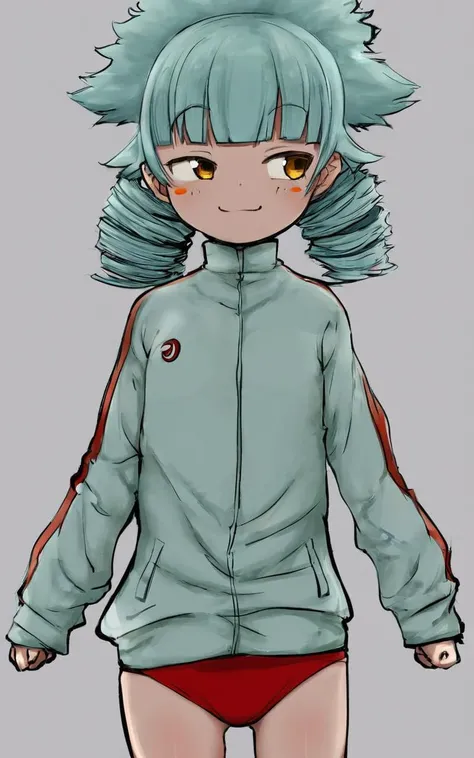 <lora:_sdxl-um-tracenjersey:0.7> red track jacket, tracenJerseyBuruma, red buruma , 1girl, child . small beasdt , skindentation, +++
amber eyes ,
light aqua hair,
medium hair ,
afro twin tail,
drill hair ,
blunt bangs,
hair flaps ,
smug,
blush_stickers ,
head_tilt
+++, from behind, looking away, Overhead Shot, Three-Point Lighting, contrapposto, dynamic pose