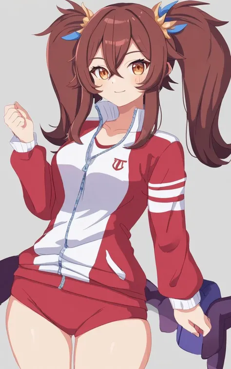 1girl, SakuraLaurel <lora:sdxl-um-sakura:0.5> kuudere, horse girl, horse ears, horse tail, shiny hair, light brown hair, pixie cut, center parted bangs, pinkred eyes, symbol in eye, hair ornament, medium breasts, skindentation +++ <lora:_sdxl-um-tracenjersey:0.6>, red track jacket, unzipped jacket, tracenJerseyPants, red leggings pants, track , :D