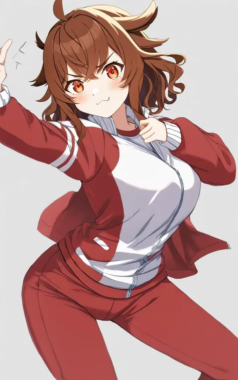 <lora:_sdxl-um-tracenjersey:0.7> red track jacket, tracenJerseyPants, red long pants , 1girl, teen . medium breast , skindentation, +++
amber eyes ,
vivid vermilion hair,
medium hair ,
extra short hair, faux hawk hair, shaved sidelocks,
wavy hair ,
asymmetrical bangs,
hair flaps ,
;>,
embarrassed ,
+++, From Front, looking to the side, upper body, High-Key Lighting, contrapposto, dynamic pose