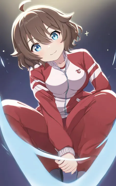 <lora:_sdxl-um-tracenjersey:0.7> red track jacket, tracenJerseyPants, red long pants , 1girl, cute petite . medium breast , skindentation, +++
sky blue eyes ,
deep hazel hair,
short hair ,
ponytail,
wavy hair ,
hair between eyes,
hair flaps ,
:>,
,
head_tilt
+++, From a Distance, looking up, Low Angle, Bounce Light, contrapposto, dynamic pose
