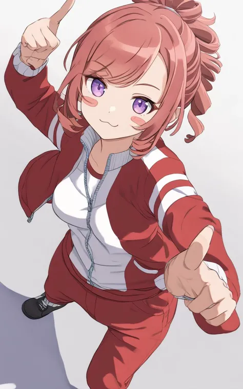 haru urara (umamusume), 1girl, solo, long hair, looking at viewer, smile, open mouth, simple background, shirt, gloves, white background, bow, ribbon, animal ears, jacket, tail, white shirt, ponytail, pink hair, hair bow, thighs, fingerless gloves, pink eyes, symbol-shaped pupils, headband, hair intakes, white jacket, horse ears, horse girl, bandaid, horse tail, red gloves, clenched hands, gym uniform, track jacket, buruma, symbol in eye, bandaid on leg, red buruma