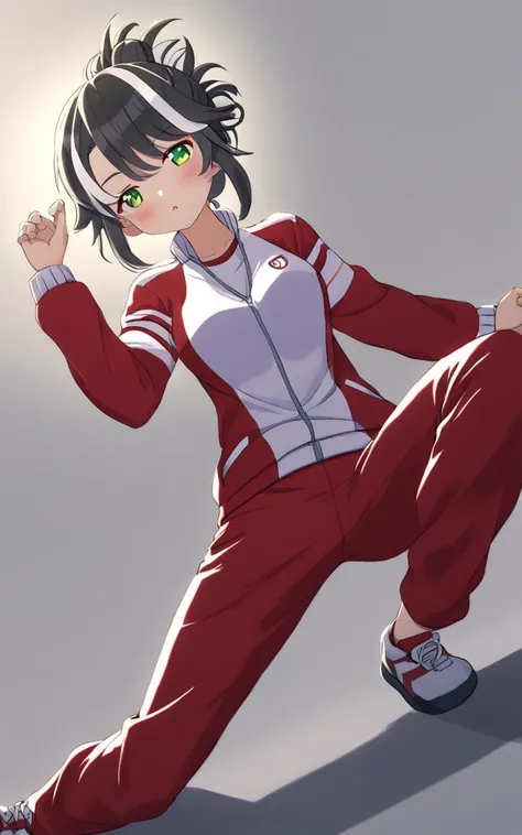 <lora:_sdxl-um-tracenjersey:0.7> red track jacket, tracenJerseyPants, red long pants , 1girl, young . small beasdt , skindentation, +++
green eyes ,
pale starry print hair,
short hair ,
folded ponytail,
streaked hair ,
bangs,
hair flaps ,
:p,
blush ,
head_tilt
+++, on back, looking afar, Dutch Angle/Dutch TiltAfullbody, Ambient Light, contrapposto, dynamic pose