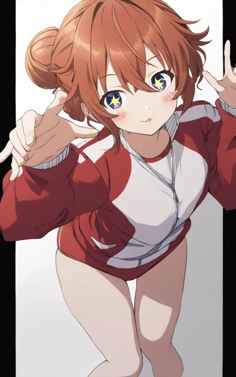 <lora:_sdxl-um-tracenjersey:0.7> red track jacket, tracenJerseyBuruma, red buruma , 1girl, childish . small beasdt , skindentation, +++
starry print eyes ,
bright amber hair,
short hair ,
single hair bun,
wavy hair ,
hair between eyes,
hair flaps ,
:p,
blush_stickers ,
+++, reaching out, looking afar, High Angle, High-Key Lighting, contrapposto, dynamic pose