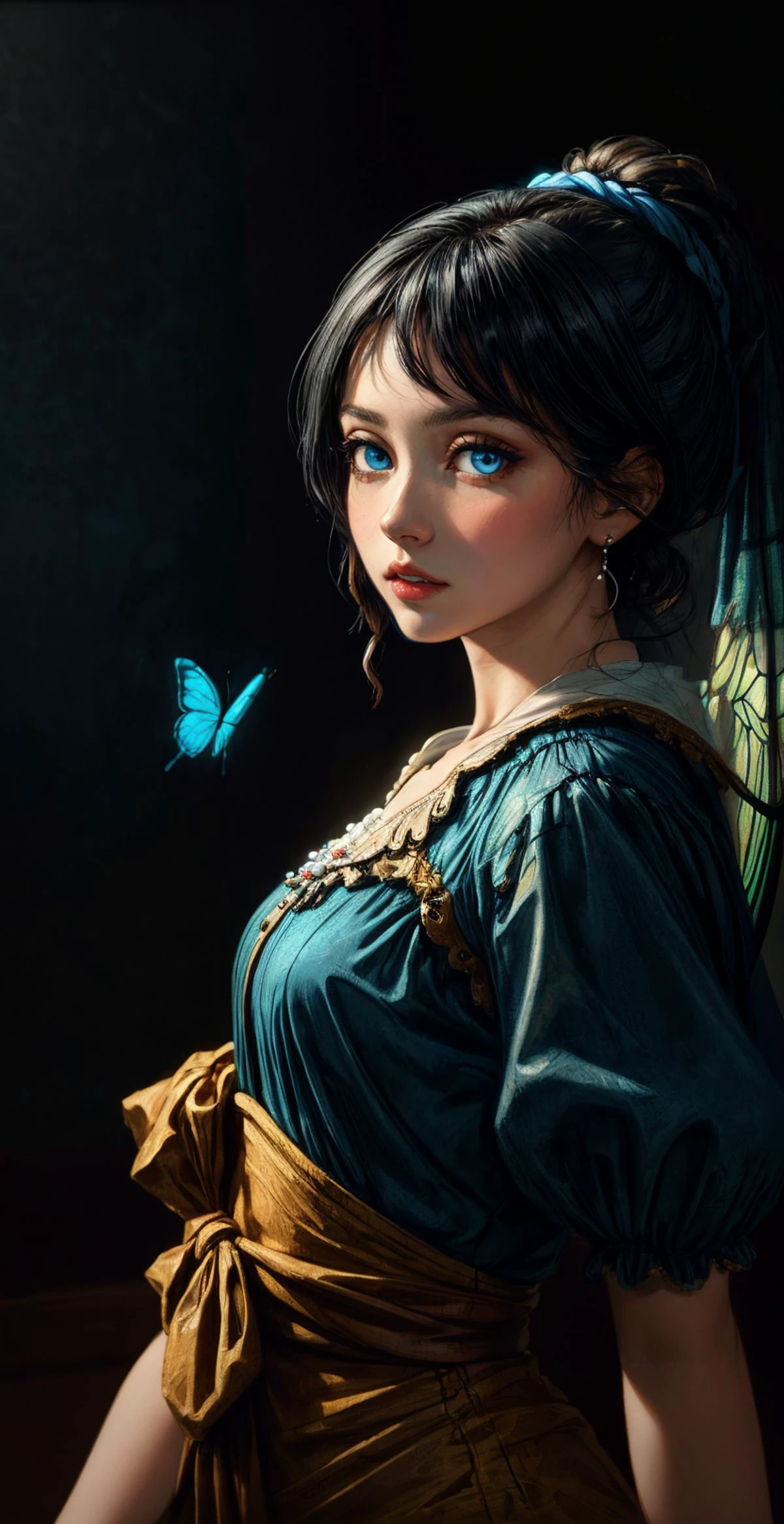 (masterpiece) (Fuji film) painting of lady Johannes Vermeer Girl with a Pearl Earring (perfect anatomy) (narrow waist:1.1) (heavenly) (black haired goddess with neon blue eyes:1.2). by Daniel F. Gerhartz, (hyperrealistic oil painting:0.77), 4k, very detailed faces, volumetric lighting dynamic lighting, Rembrandt lighting, <lora:more_details:1> dlsr, highres, high resolution, intricately detailed
butterfly wing textures, butterflies fantasy hearts neon threads <lora:epi_noiseoffset2:1>