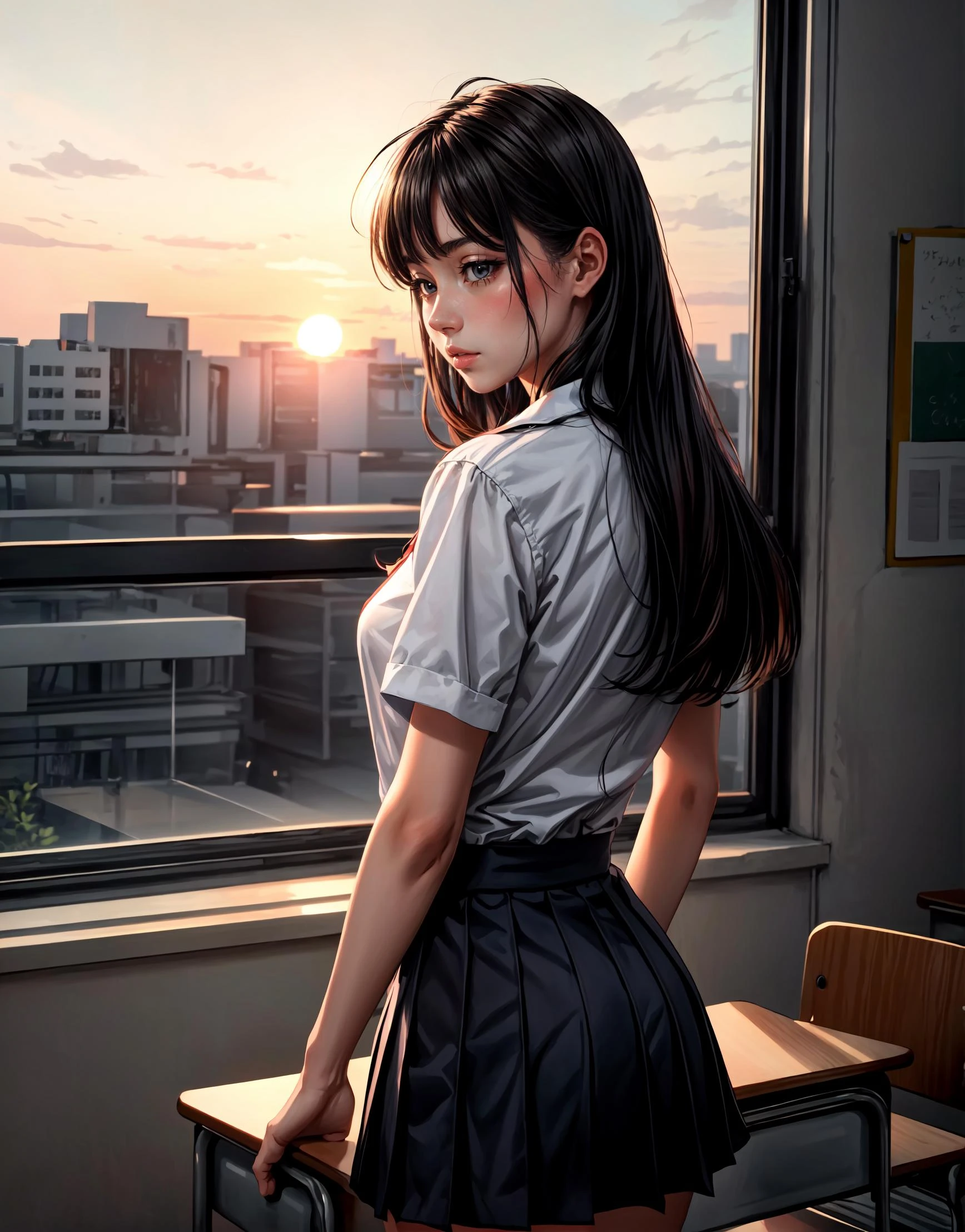 (masterpiece:1.2, best quality, absurdres, realistic), 1girl, small breasts, school uniform, nsfw, classroom, sunset, from behind, blushed, detailed background, <lora:add_detail:1>