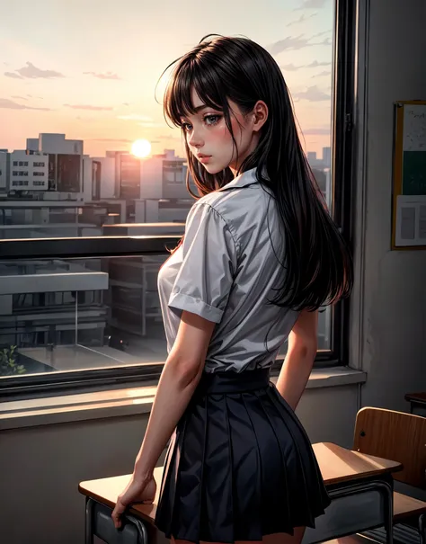 (masterpiece:1.2, best quality, absurdres, realistic), 1girl, small breasts, school uniform, nsfw, classroom, sunset, from behind, blushed, detailed background,  <lora:add_detail:1>