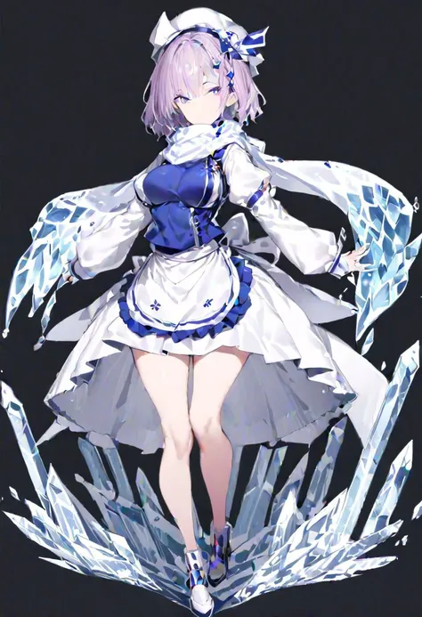 masterpiece, best quality, ultra-detailed, beautiful, nai3, 1girl, solo, full_body, tachi-e, 
letty_whiterock, solo, 1girl, ice, short_hair, hat, long_sleeves, skirt, puffy_sleeves, purple_eyes, scarf, waist_apron, light_purple_hair,