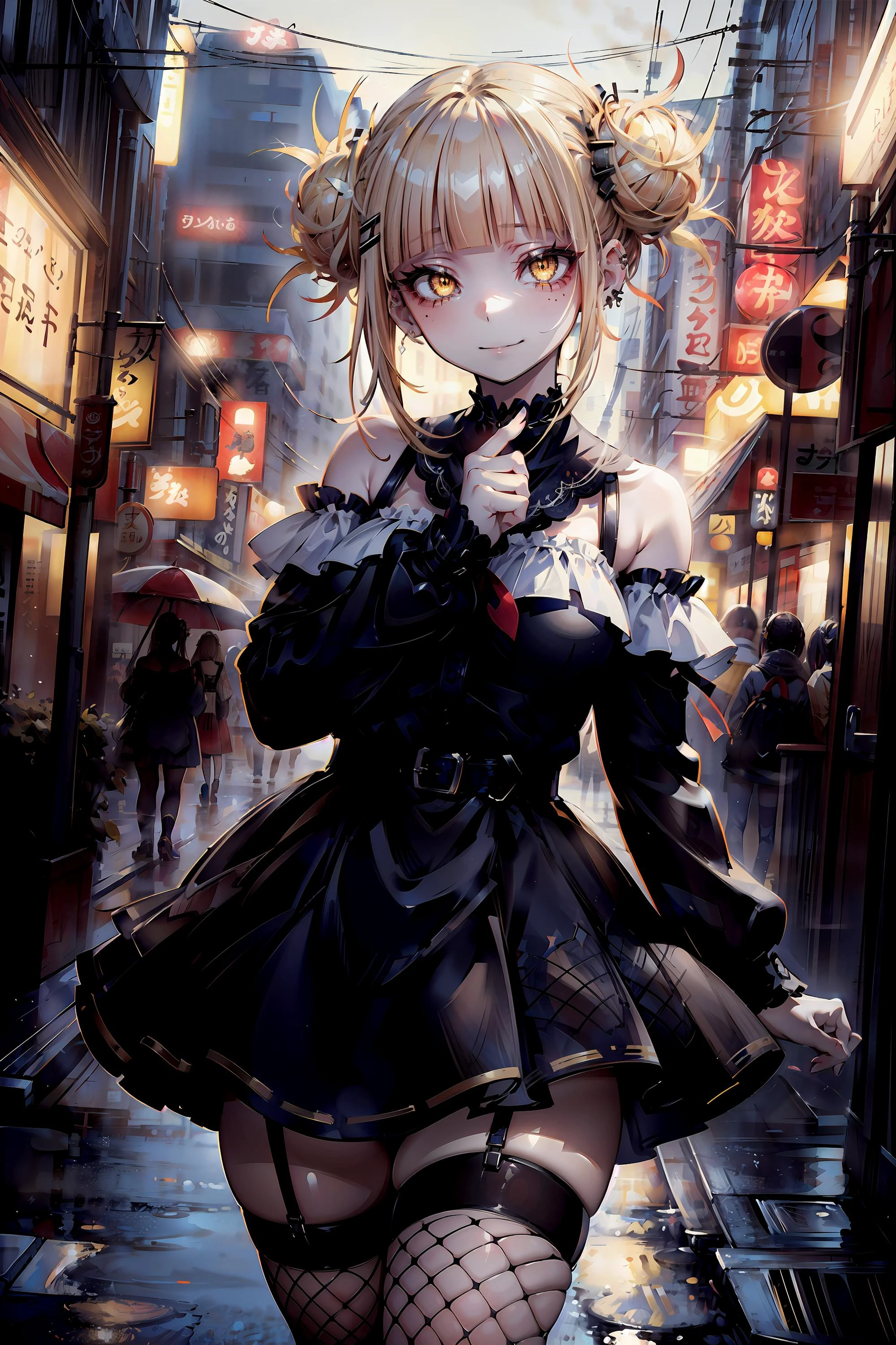 masterpiece, best quality, perspective, 1girl, wearing goth_punk, black clothing, off shoulder, frills, fishnet, hair ornament, silver jewelry, city, neon lights, medium breasts, shiny skin, perfect skin, curvy, toga himiko, boku no hero academia\(series\), yellow eyes, double bun, blonde hair, close-up, dynamic pose, <lora:hairdetailer:0.5><lora:add_detail:0.1><lora:TogaHimiko-000009:0.7><lora:Gothpunk:0.7>