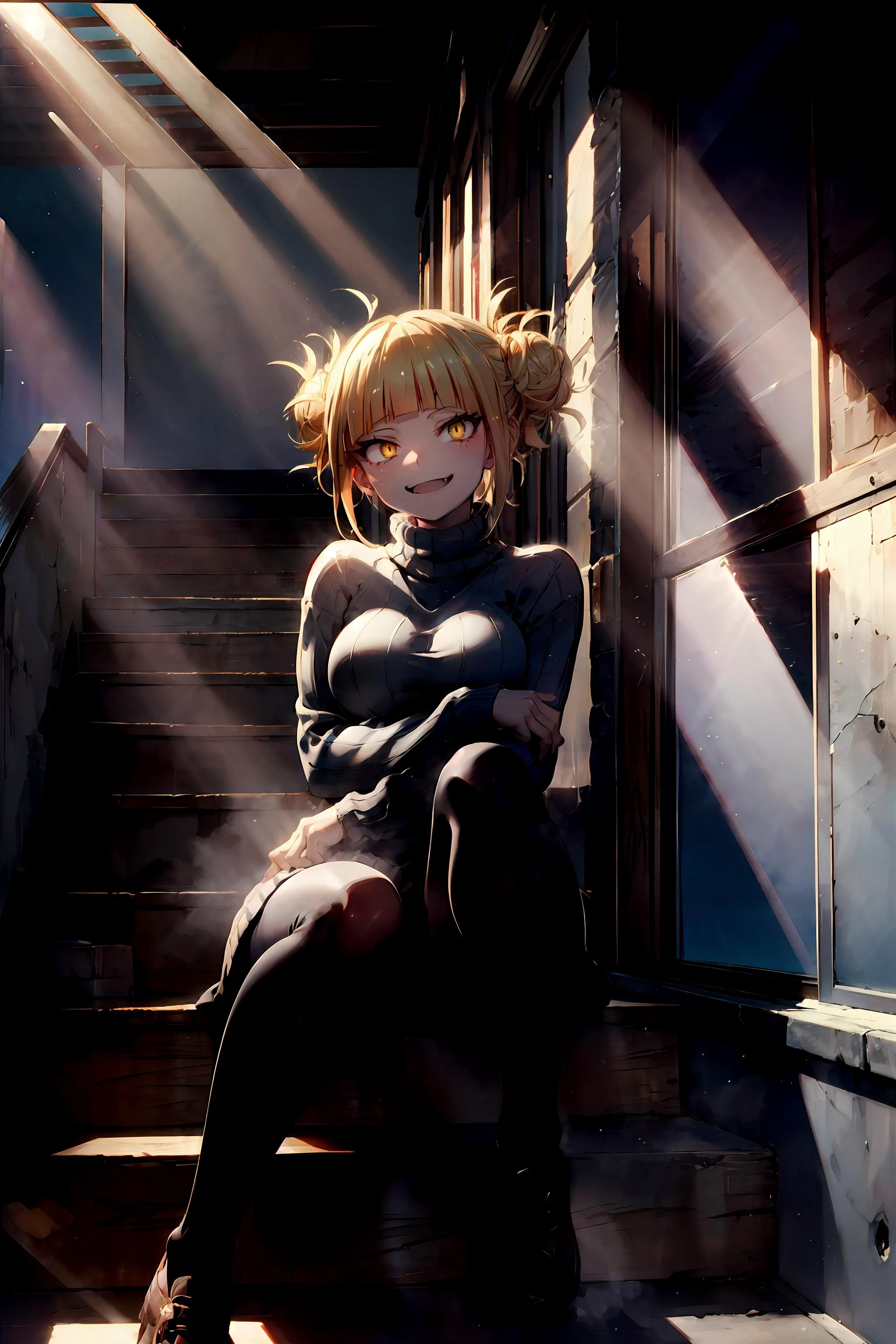 dark, light rays, dramatic shadows, masterpiece, best quality, 1girl, himiko toga, blonde hair, double bun, messy hair, yellow eyes, slit pupils, medium breasts, grin, sitting on stairs, ribbed, knit turtleneck, sweater dress, black pantyhose, natural light, <lora:TogaHimiko-000009:0.7>