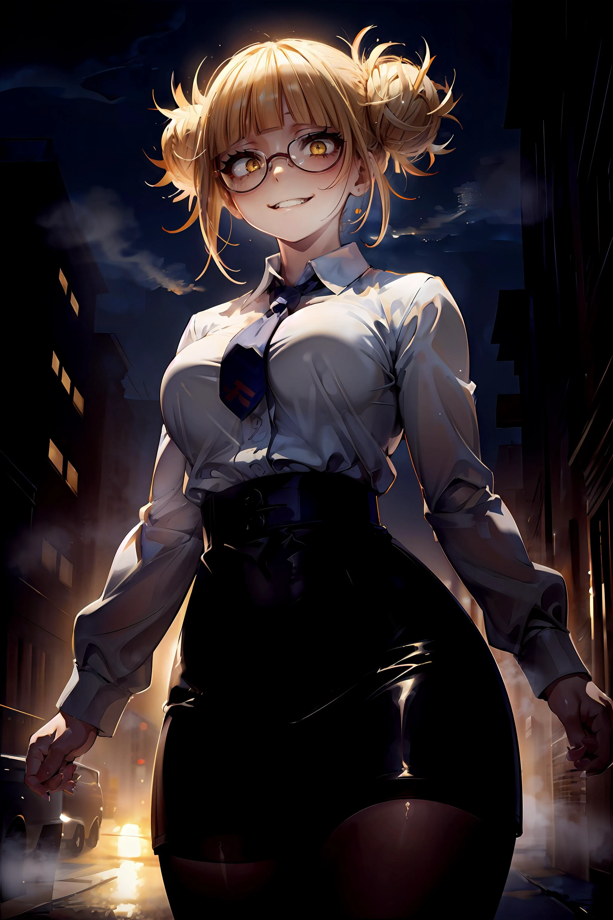 masterpiece, best quality, night, (chiaroscuro:1.1), 1girl, curvy, himiko toga, boku no hero academia, blonde hair, yellow eyes, double bun, evil smile, round eyewear, skintight, high-waist pencil skirt, black pantyhose, white formal shirt, necktie, looking down, low angle, perspective, (cowboy shot, close-up:1.05), outdoors, city, fog,<lora:TogaHimiko-000009:0.7>,<lora:add_detail:0.1>,<lora:hairdetailer:0.5>