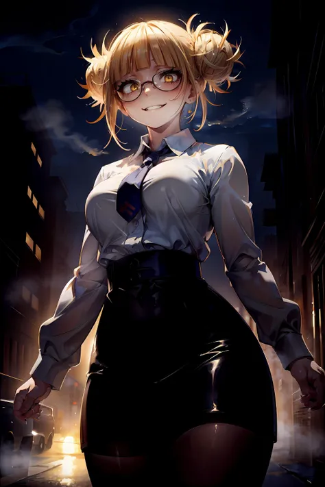 masterpiece, best quality, night, (chiaroscuro:1.1), 1girl, curvy, himiko toga, boku no hero academia, blonde hair, yellow eyes, double bun, evil smile, round eyewear, skintight, high-waist pencil skirt, black pantyhose, white formal shirt, necktie, looking down,  low angle, perspective, (cowboy shot, close-up:1.05), outdoors, city, fog,<lora:TogaHimiko-000009:0.7>,<lora:add_detail:0.1>,<lora:hairdetailer:0.5>