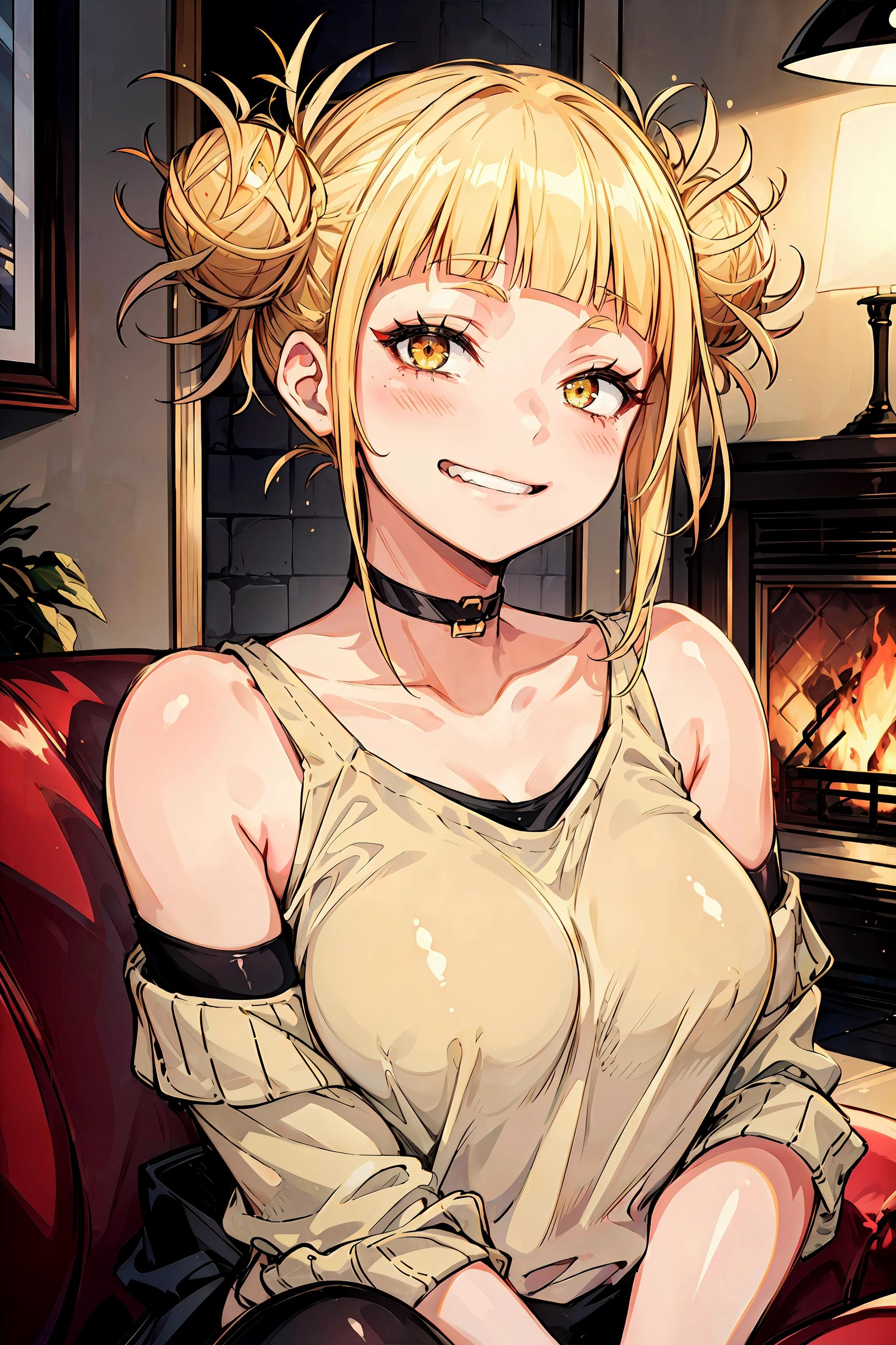 masterpiece, best quality, 1girl, shiny skin, toga himiko, boku no hero academia, blonde hair, double bun, yellow eyes, looking at viewer, blush, evil smile, casual, exposed shoulder, choker, black baggy shirt, leggings, indoors, comfy, couch, fireplace, soft indoor lighting, shadows, upper body, <lora:add_detail:0.5>,<lora:TogaHimiko-000009:0.7>