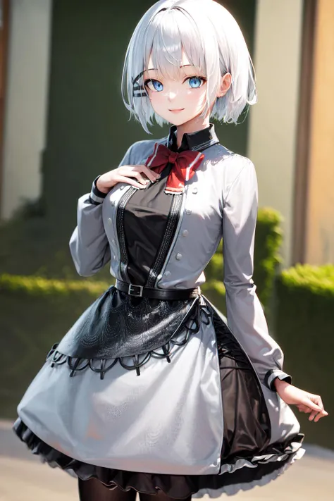 masterpiece, best quality, highres, 1girl white hair blue eyes x hair ornament, red bowtie black shirt grey jacket grey dress black skirt black belt frills black pantyhose <lora:siesta:1> photorealistic, smile, hand on own chest