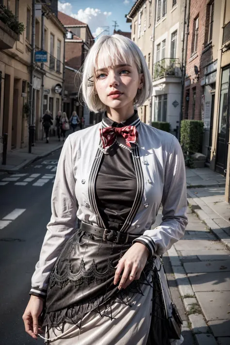 (realistic:1.3), finely detailed, quality, rembrandt lighting, (masterpiece:1.2), (photorealistic:1.2), (best quality), (detailed skin:1.3), (intricate details), dramatic, ray tracing, 1girl, french girl, 21 years old, detailed skin texture, (blush:0.5), (goosebumps:0.5), subsurface scattering, smiling, medium breasts, short hair curls, bangs, hair between eyes, white hair, blue eyes, x hair ornament, red bowtie, black shirt, grey jacket, grey dress, black skirt, black belt, frills,black pantyhose, dynamic pose, (bright sunny day, street, french architecture, trees), <lora:siesta:1>