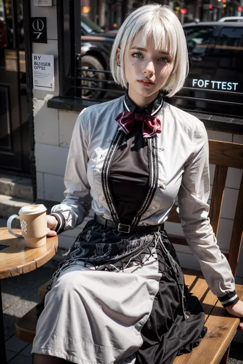(realistic:1.3), finely detailed, quality, rembrandt lighting, (masterpiece:1.2), (photorealistic:1.2), (best quality), (detailed skin:1.3), (intricate details), dramatic, ray tracing, 1girl, french girl, 21 years old, detailed skin texture, (blush:0.5), (goosebumps:0.5), subsurface scattering, smiling, medium breasts, short hair curls, bangs, hair between eyes, white hair, blue eyes, x hair ornament, red bowtie, black shirt, grey jacket, grey dress, black skirt, black belt, frills,black pantyhose, sitting, (bright sunny day, outdoors, french cafe, coffee cup), <lora:siesta:1>