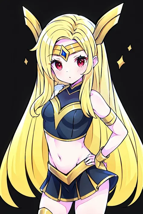 ((masterpiece,best quality)), absurdres, <lora:RN9_Freya_MLBB:0.8>, RN9_Freya_MLBB, solo, 1girl, blonde, blonde hair, long hair, very long hair, red eyes, cheerleader, crop top, midriff, miniskirt,white screen, white background