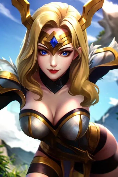 ((masterpiece,best quality)), absurdres, 1girl, solo, dynamic pose, <lora:RN9_Freya_MLBB:0.8> rn9_freya_mlbb, looking at viewer, smile, shoulder armor, breastplate, blonde hair, cleavage, cowboy shot, forest, sky, clouds, face focus
