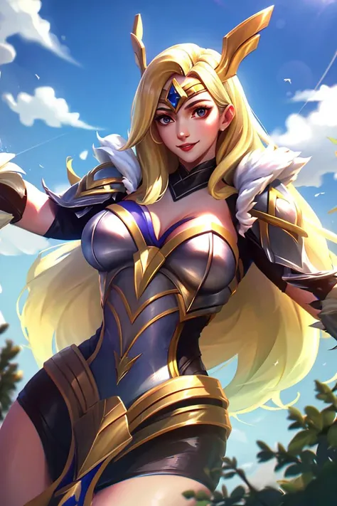 ((masterpiece,best quality)), absurdres, 1girl, solo, dynamic pose, <lora:RN9_Freya_MLBB:0.8> rn9_freya_mlbb, looking at viewer, smile, shoulder armor, breastplate, blonde hair, cleavage, cowboy shot, forest, sky, clouds, face focus