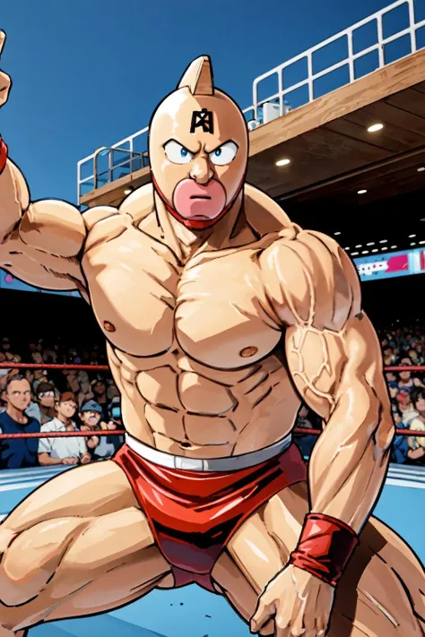masterpiece, best quality, solo, 1boy,looking at viewer,outdoor,wrestling ring,
 <lora:kinnikumanV1:0.7>kinnikuman