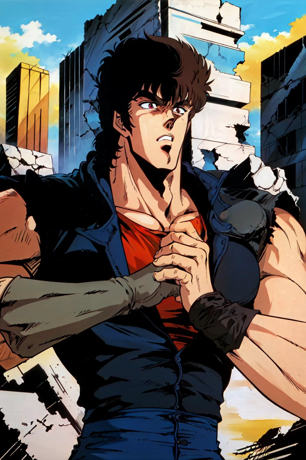 (8k, masterpiece, best quality, high resolution),
1man, solo,
1980s (style), retro artstyle,
<lora:HNKstyle-000001:0.7> HNKstyle,
<lora:concept_fistinhand-10:1> fist in hand,
kenshiro, (wearing a navy jacket and red shirt),
contemptuous, wince,
looking ahead, looking afar,
building, ruins,