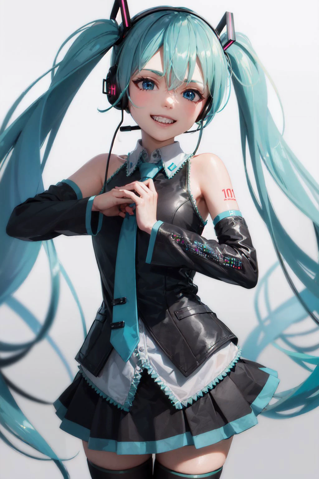 (masterpiece, best quality:1.2), <lyco:concept_fistinhand-10:1.0>, cowboy shot, solo, 1girl, hatsune miku, first in hand, grin, looking at viewer, long aqua hair, twintails, headset, sleeveless shirt, detached sleeves, pleated skirt, thighhighs