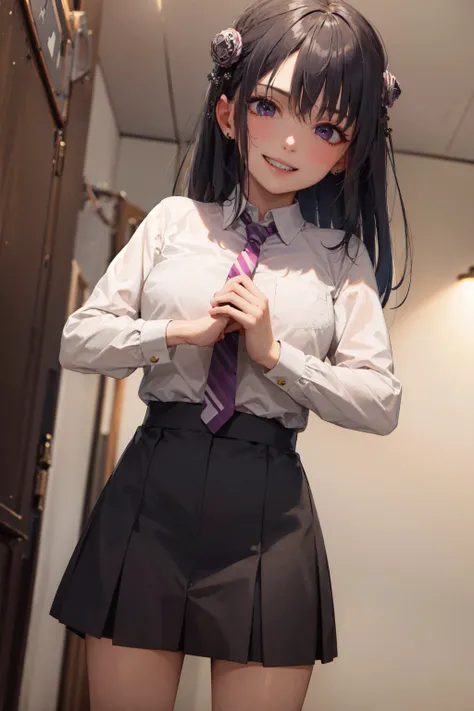 (masterpiece, best quality:1.2), <lyco:concept_fistinhand-10:1.0>, solo, 1girl, first in hand, grin, looking at viewer, long black hair, hair ornament, purple eyes, collared shirt, necktie