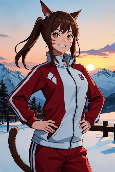 (masterpiece, best quality), animification, outdoors, mountain, sunset, cowboy shot, 1girl, solo, miqo'teManityro, miqo'te, slit pupils, whisker markings, cat ears, cat tail, brown hair, long hair, pigtails, brown eyes, <lora:Miqo'te_V1-Manityro-dadapt:1>, toned, smile, teeth, hands on hips, looking at viewer, track jacket, track pants