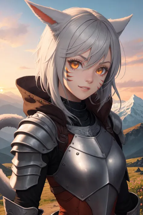 (masterpiece, best quality), animification, outdoors, mountain, sunset, 1girl, solo, miqo'teManityro, miqo'te, slit pupils, whisker markings, cat ears, cat tail, grey hair, medium hair, swept bangs, hair between eyes, orange eyes, <lora:Miqo'te_V1-Manityro-dadapt:1>, toned, happy, parted lips, looking at viewer, detailed face, close-up, armor