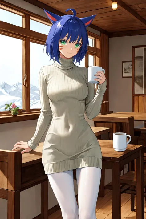 (masterpiece, best quality), indoors, wooden cabin, window, winter, 1girl, solo, miqo'teManityro, miqo'te, slit pupils, whisker markings, cat ears, cat tail, blue hair, medium hair, ahoge, green eyes, medium breasts, tan, <lora:Miqo'te_V1-Manityro-dadapt:1>, toned, fitness, abs, seductive smile, red sweater, turtleneck sweater, ribbed sweater, sweater dress, white pantyhose, holding mug,