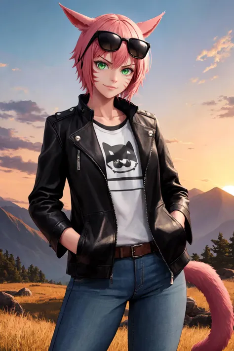 (masterpiece, best quality), animification, outdoors, mountain, sunset, cowboy shot, 1girl, solo, miqo'teManityro, miqo'te, slit pupils, whisker markings, cat ears, cat tail, pink hair, short hair, green eyes, <lora:Miqo'te_V1-Manityro-dadapt:1>, toned, smug, looking at viewer, eyewear on head, leather jacket, jeans, hand in pocket