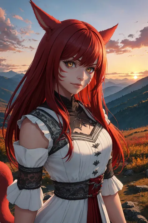 (masterpiece, best quality), animification, outdoors, mountain, sunset, 1girl, solo, miqo'teManityro, miqo'te, slit pupils, whisker markings, cat ears, cat tail, red hair, long hair, white eyes, <lora:Miqo'te_V1-Manityro-dadapt:1>, toned, smug, looking at viewer, detailed face, close-up, dress