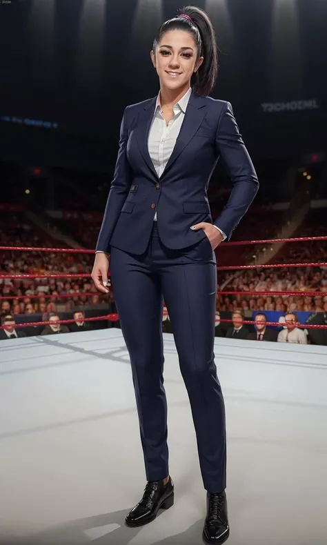 bayleywwe2023, 1girl, 8k, uhd, trending on arstation, award winning art, best quality, masterpiece, photorealistic, raw image, perspective, depth of field, cinematic lighting, dramatic lighting, wearing business suit, smile,