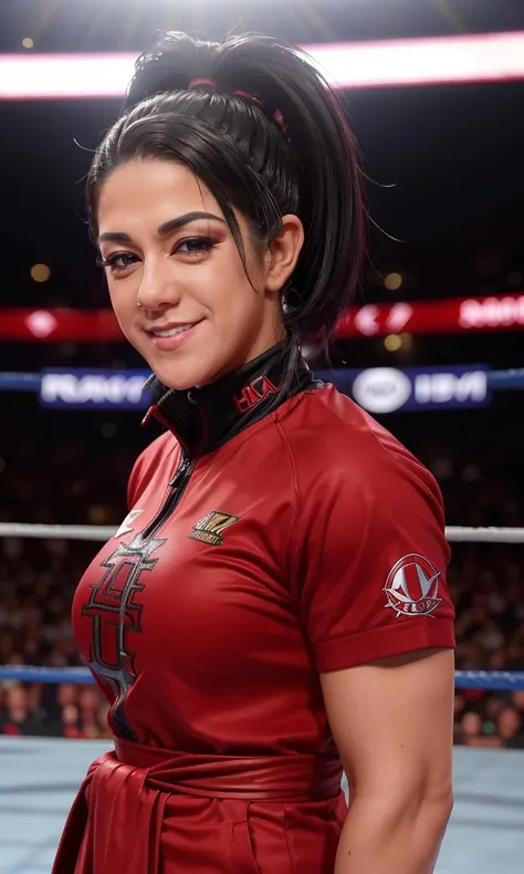 Fit Brazilian female wrestler with tied back braids, in green and yellow bra, green and yellow trunks, black wristbands, wearing lipstick, photo realistic, intricate details