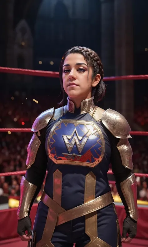 bayleywwe2023, wearing suit of armor, medieval, castle, braided hair, 1girl, 8k, uhd, trending on arstation, award winning art, best quality, masterpiece, photorealistic, raw image, perspective, depth of field, cinematic lighting, dramatic lighting,
