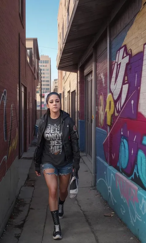 bayleywwe2023,1girl, 8k, uhd, trending on arstation, award winning art, best quality, masterpiece, photorealistic, raw image, perspective, Detroit, poor neighbourhood, graffiti on walls, depth of field, cinematic lighting, dramatic lighting,