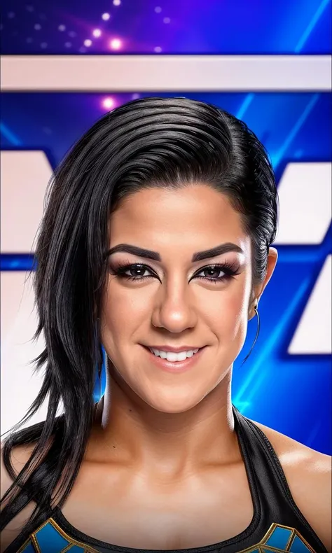 bayleywwe2023, closeup, focus on eyes, 1girl, 8k, uhd, trending on arstation, award winning art, best quality, masterpiece, photorealistic, raw image, perspective, depth of field, cinematic lighting, dramatic lighting, smile, skin pores, mascara, in office building,