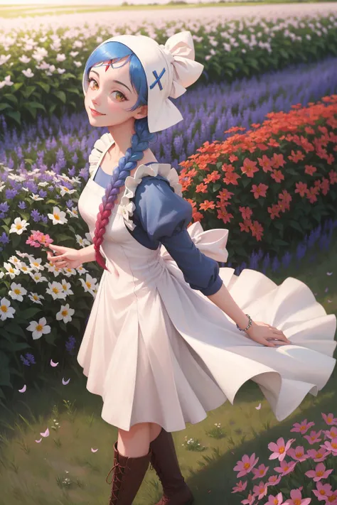 masterpiece, best quality, lilith, forehead jewel, single braid, bonnet, blue dress, white apron, knee boots, walking, from side, looking at viewer, from above, smile, field of flowers <lora:lilith-nvwls-v1-000010:0.9>