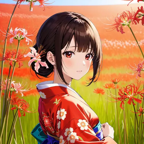 8k, UHD, beautiful face, beautiful fair skin, beautiful background, grasslands, Higanbana are blooming all over, flower, bloom, BREAK
japanese girl, solo, standing, kimono and obi sash, cowboy shot, black hair, black eyes, <lora:higanbanaXL:1>