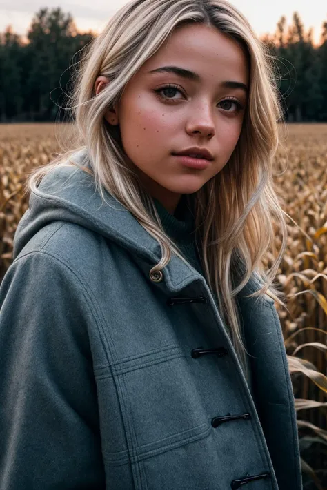 photo of beautiful (ldunn3-120:0.99), a woman with perfect blonde hair, wearing Birch (duffel coat:1.1), (tintype, vintage photo:1.1), (corn maze:1.1), (closeup portrait), modelshoot style, (extremely detailed CG unity 8k wallpaper), professional majestic photography, (Leica M6 Camera), 24mm, exposure blend, hdr, faded, extremely intricate, High (Detail:1.1), Sharp focus, dramatic, soft cinematic light, (looking at viewer), (detailed pupils), 4k textures, elegant, ((((cinematic look)))), soothing tones, insane details, hyperdetailed, low contrast, (epicPhoto)