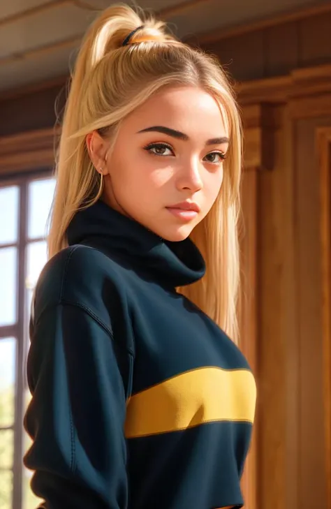 l1vvydunne,high angle photo of a gorgeous young woman in the style of stefan kostic, realistic skin texture, looks up,black sweatshirt, 1 / 2 body crop, 8 5 mm art lens, f 1. 2, sharp focus, 8 k high definition, insanely detailed, intricate, elegant, art by stanley lau and artgerm