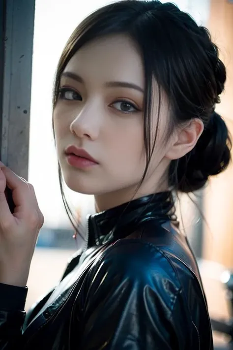 (8k, RAW photo, best quality, masterpiece:1.3),(realistic,photo-realistic:1.37),(looking at viewer:1.331),cyberpunk city,soft light,1girl,extremely beautiful face,bust,put down hands,Random hairstyle,Random expression,big eyes,
