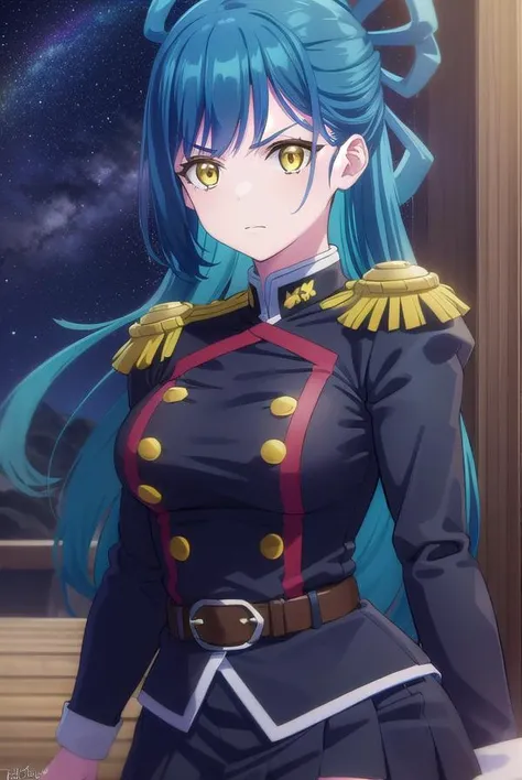 himariazuma, <lora:himari azuma s1-lora-nochekaiser:1>,
himari azuma, long hair, hair rings, (blue hair:1.5), (yellow eyes:1.5), frown, angry,
BREAK skirt, thighhighs, epaulettes, military, military uniform, black uniform,
BREAK outdoors, space, starry sky, star \(sky\), moon,
BREAK looking at viewer, (cowboy shot:1.5),
BREAK <lyco:GoodHands-beta2:1>, (masterpiece:1.2), best quality, high resolution, unity 8k wallpaper, (illustration:0.8), (beautiful detailed eyes:1.6), extremely detailed face, perfect lighting, extremely detailed CG, (perfect hands, perfect anatomy),