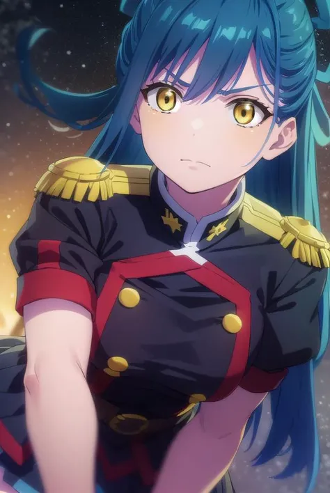 himariazuma, <lora:himari azuma s1-lora-nochekaiser:1>,
himari azuma, long hair, hair rings, (blue hair:1.5), (yellow eyes:1.5), frown, angry,
BREAK skirt, thighhighs, epaulettes, military, military uniform, black uniform,
BREAK outdoors, space, starry sky, star \(sky\), moon,
BREAK looking at viewer, (cowboy shot:1.5),
BREAK <lyco:GoodHands-beta2:1>, (masterpiece:1.2), best quality, high resolution, unity 8k wallpaper, (illustration:0.8), (beautiful detailed eyes:1.6), extremely detailed face, perfect lighting, extremely detailed CG, (perfect hands, perfect anatomy),