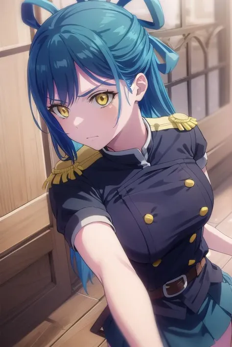himariazuma, <lora:himari azuma s1-lora-nochekaiser:1>,
himari azuma, long hair, hair rings, (blue hair:1.5), (yellow eyes:1.5), frown, angry,
BREAK skirt, thighhighs, epaulettes, military, military uniform, black uniform,
BREAK outdoors, space, starry sky, star \(sky\), moon,
BREAK looking at viewer, (cowboy shot:1.5),
BREAK <lyco:GoodHands-beta2:1>, (masterpiece:1.2), best quality, high resolution, unity 8k wallpaper, (illustration:0.8), (beautiful detailed eyes:1.6), extremely detailed face, perfect lighting, extremely detailed CG, (perfect hands, perfect anatomy),