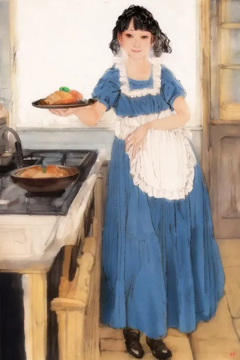 (masterpiece), sharp focus,best quality, beautiful detailed eyes,1girl,highly detailed,finely detailed,highres,best quality, solo, depth of field,light brown hair, swept bangs,short_hair,wavy hair,brown eyes,(((holding_dish))),two-handed dish, dish of Chinese cuisine,small_breast,flat_chest,white_stockings,blue dress,((white apron)),frills_apron,brown_shoes, kitchen <lora:He_Jiaying:1>, masterpiece, best quality,