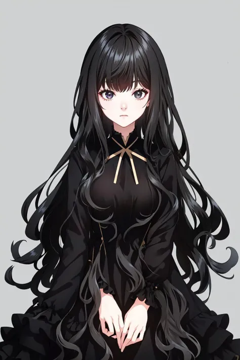 kathyln, 1girl, solo, long hair, looking at viewer, simple background, black hair, long sleeves, dress, bow, ribbon, upper body, frills, black eyes, black dress, expressionless, black background, black theme, <lora:kathyln:1>