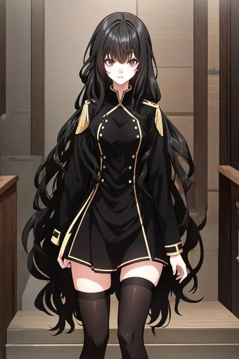 kathyln, 1girl, solo, long hair, black hair, thighhighs, dress, black thighhighs, uniform, black eyes, zettai ryouiki, genderswap, genderswap (mtf), stairs, masterpiece, 30 years, woman <lora:kathyln:1>