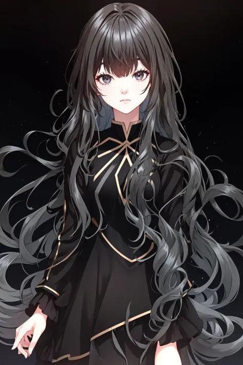 kathyln, 1girl, solo, long hair, looking at viewer, simple background, black hair, long sleeves, dress, bow, ribbon, upper body, frills, black eyes, black dress, expressionless, black background, black theme, <lora:kathyln:1>