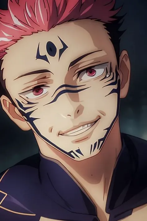masterpiece, best quality, ultra-detailed, texture, detail eyes,8k, 1boy, Sukuna, a man with pink hair and shirtless, tattoo_ryoumen, tattoo_on_his_face, tattoo on body, looking at viewer, abs, detailed eyes, detailed face, (masterpiece:1.4),(best quality:1.4),(shiny skin),realistic, bright, neon lights, night, midnight, city, cyberpunk, light ,  <lora:sukuna:0.8>