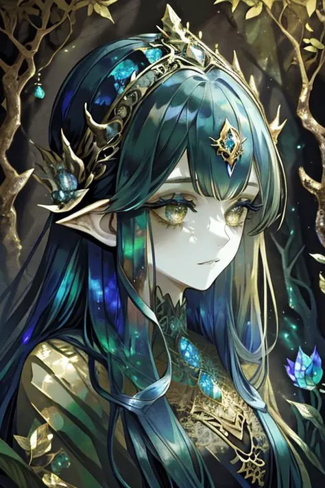 woman in a mythical forest, masterpiece, perfect face, intricate details, horror theme <lora:LabradoriteStyle:1> labradoritestyle